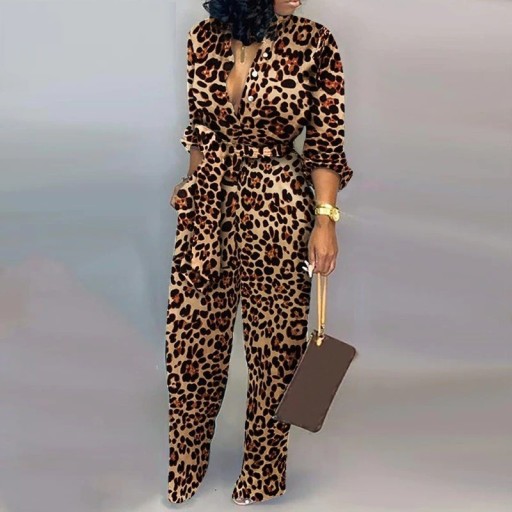 Leopard jumpsuit för kvinnor med långa ärmar B869