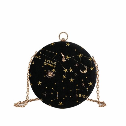 Damernas runda crossbody-väska med motiv av stjärnhimlen Broderade stjärnor och metalliska dekorationer Kedja över axeln Mått 18,5 x 18,5 x 5,5