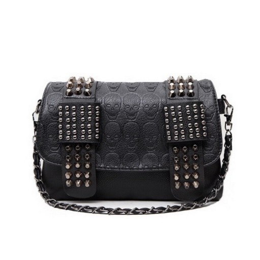 Dam svart crossbody väska med reliefmönster av skallar Lock med nitar Ficka med dragkedja Avtagbar rem PU läder och polyester Rockig stil