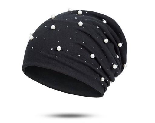 Damsk beanie mössa dekorerad med imitation av pärlor och glittrande stenar Lös passform med mjukt rynk Mjukt garn av polyester