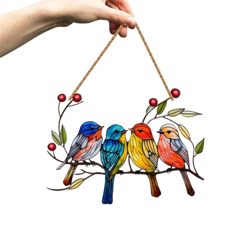 2D acryl hangdecoratie Vier vogeltjes op een tak Ronde glas-in-lood decoratie Kleurrijke lichtreflecties Jaarlijkse interieur exterieur