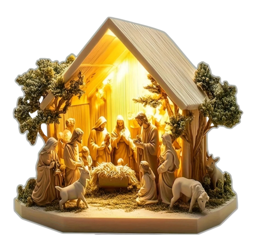 2D akryl juledekoration med fod 12 x 12 cm Betlehem Jesu fødsel Jomfru Maria Sankt Josef Borddekoration Gave
