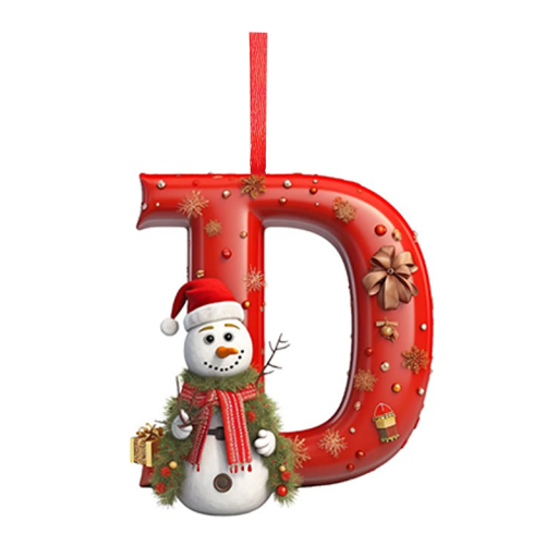 2D Christmas Decoration for Tree 8 x 7 cm Acrylic Letter D with Snowman Design Hanging Decoration with Red Ribbon for Festive Decoration
