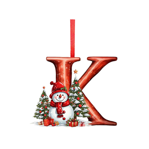 2D ornament de Crăciun pentru brad 8 x 7 cm Litera K roșie din acril cu om de zăpadă Decorațiune suspendată cu panglică Decorațiune interioară de Crăciun