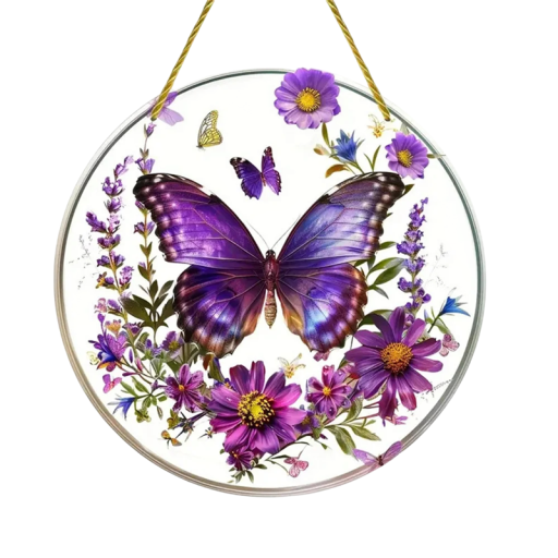 2D runde Acryl-Dekoration Schmetterling und Blumen Lila Design Hängende Dekorationsplatte Elegante gezeichnete Dekoration für Innen- und Außenbereiche