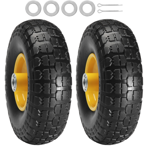 2dílná sada pevných PU pneumatik 115×255×82 mm, plné kolo s kovovým středem a osou, odolné provedení, žlutý disk, náhradní díl