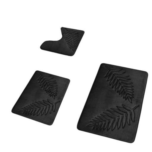 3 darabos fürdőszobai szőnyeg készlet levélmintával 60 x 40 cm, 80 x 50 cm és U szőnyeg 40 x 50 cm puha felülettel a fürdőszobába