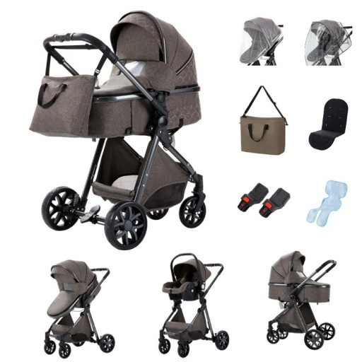 3-in-1 Baby Stroller with Carrycot and Car Seat, Folding Frame, Cotton, for Everyday Transport of Child
