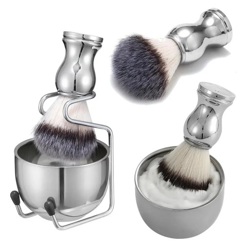 3-in-1 Beard Shaving Set Stainless Steel Brush 10.5 x 3.4 cm Bowl 8.2 x 5.8 cm Holder 8 x 11 cm Men's Set for Classic Wet Shaving