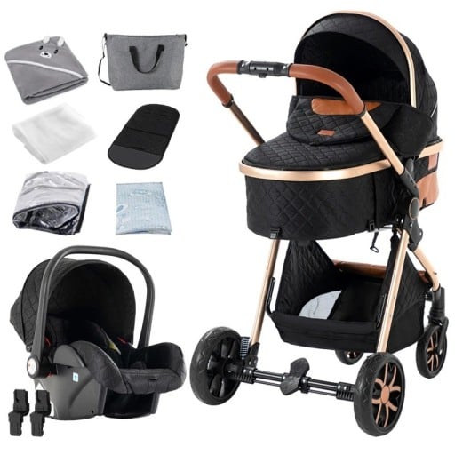 3-in-1 Pushchair with High Terrain Adaptation and One-Hand Folding, Cotton, Combination of Carrycot and Car Seat for Travel