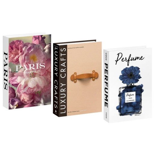 3 ks Dekoračné falošné knihy Paris Marfa Luxury Crafts Perfume neotvárateľné imitácie kníh biela béžová dekorácia do interiéru