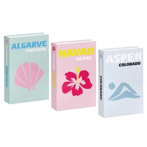 3 ks Dekorační falešné knihy Travel Series Algarve Portugal Hawaii Island Aspen Colorado neotevíratelná imitace knih barevná dekorace