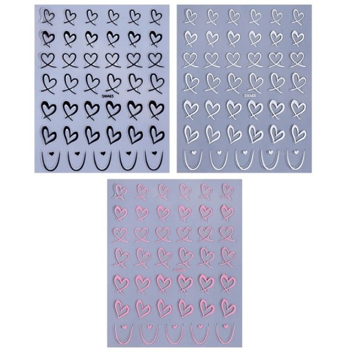 3 ks Valentýnské samolepky na nehty 3D černé bílé růžové srdce linky láska Nail Art DIY samolepicí slider dekorace manikúra obtisky