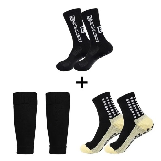 3 parin jalkapallosukkien ja säärystimien setti, liukumattomat unisex-urheilulliset säärisuojat, joustavat reunat. Hinta 39–45 EUR.