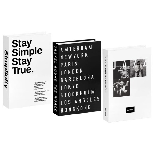 3 pcs Decorative Fake Books Stay Simple Travel Round The World Jazz Non-Opening Imitation Books Black White Interior Decoration