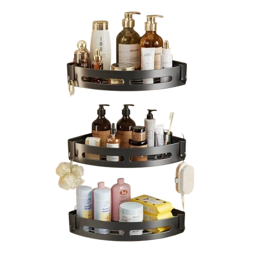 3 pcs prateleiras de canto para casa de banho 30,5x22x4,5 cm Prateleiras adesivas Sem perfuração Suporte para chuveiro Capacidade 15 kg Organizador de casa de banho