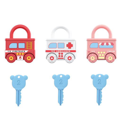 3 pz Giocattolo motorico per bambini Auto con lucchetto e chiave Apprendimento precoce Vigili del fuoco Ambulanza Gelato Sblocco Allenamento della motricità fine