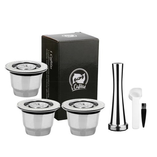 3 stk. Rustfrit stål genanvendelige kapsler til malet kaffe til Nespresso kaffemaskine med tamper, plastik ske og rengøringsbørste
