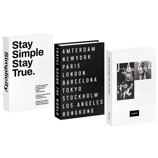 3 stuks decoratieve neppublicaties Stay Simple Travel Round The World Jazz niet-openbare imitatie boeken zwart wit decoratie voor interieur