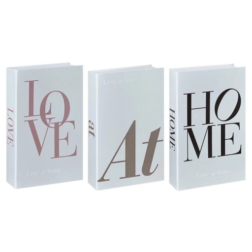 3 unidades de libros decorativos falsos LOVE AT HOME imitaciones de libros no abribles en blanco, rosa y negro decoración para interiores en estantería, estante o mesa