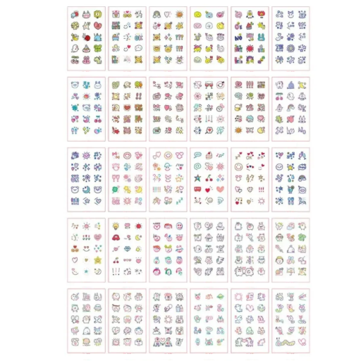 30 darabos ideiglenes tetoválás készlet 5,7 x 9,7 cm Színes mini motívumok mosolygós arcokkal, szimbólumokkal, állatokkal és aranyos ikonokkal