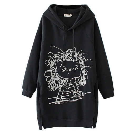 Dam lång hoodie med broderi av tecknad flicka Huva med snören Sido fickor och slitsar Raglanärmar med mudd Polyester