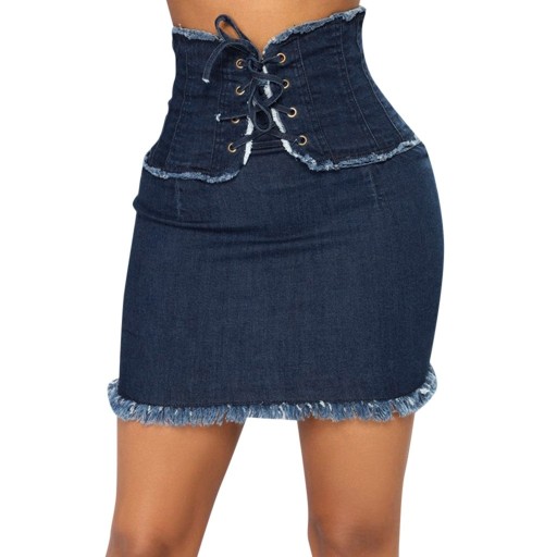 Dam jeans mini kjol med snörning Hög korsett midja Tight kroppsnära passform Fransade kanter Metallöglor Mörkblå Polyester