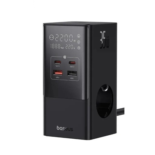 35W pöytälatausasema 7v1 ylijännitesuojalla 1200 J ja digitaalisella näytöllä 3x AC 2x USB-C 2x USB-A Baseus