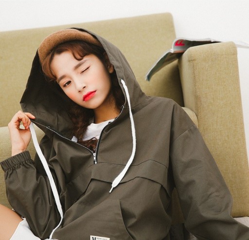 Dam vårjacka anorak i japansk stil med huva Dragkedja på bröstet Känguruficka Elastiska ärmslut och nederkant Bomull, polyester och akryl