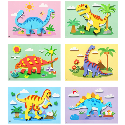 3D Aufkleberbilder zum Kleben nach Umrissen 6 Stück Set bunte kreative Schaumstoffaufkleber Dinosaurier für Kinder Basteln