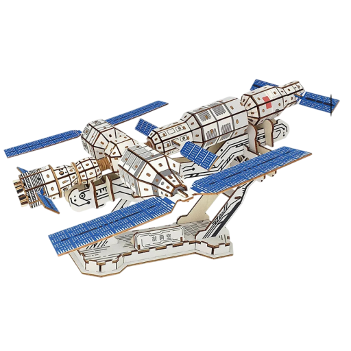 3D dřevěné puzzle Čínská vesmírná stanice 32,5 x 29,1 x 20 cm 383 dílků Laserem vyřezávaný model ze dřeva s tištěným 3D návodem Kosmická dekorace