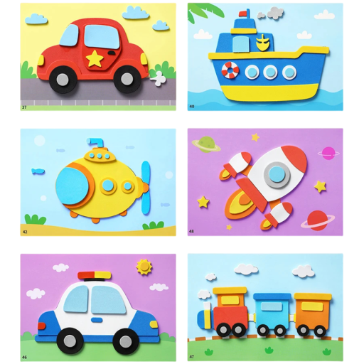 3D Sticker Pictures for Outline Gluing, 6 Piece Set, Colourful Creative Foam Stickers, Vehicles for Children