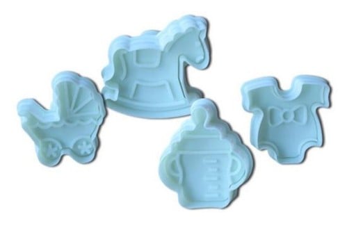 3D vykrajovátka na marcipán a perníčky s dětskými motivy Kočárek body lahvička a houpací koník Plastová sada 4 ks Velikost kolem 5 cm