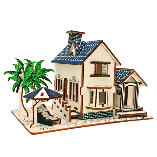 3D Wooden Puzzle Villa 21.5 x 14.5 x 14.5 cm 88 Pieces Laser-Cut Model from Natural Wood Creative DIY Decoration