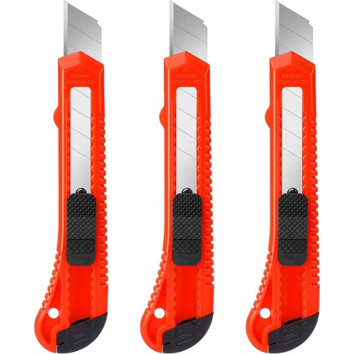 3er-Set Klappmesser mit rotem Griff. Arbeitsmesser zum Schneiden von Papier, Folie, Karton, Kunststoff, Haushalt.