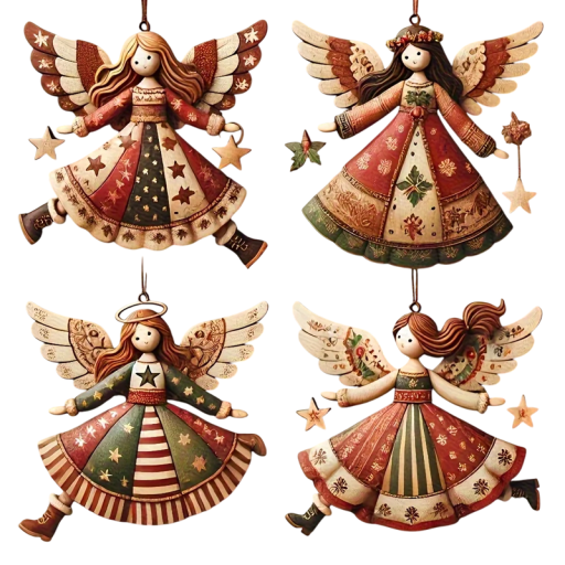 4 buc. Ornament de Crăciun din lemn Înger 7 x 8 cm Decorațiune naturală pentru bradul de Crăciun Pandantiv din lemn sculptat manual cu sfoară