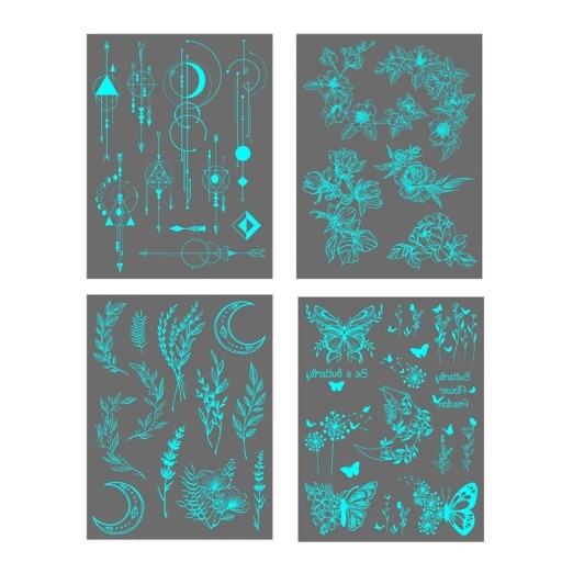4 bucăți de foi cu tatuaje temporare autoadezive luminescente rezistente la apă Forme geometrice Fluturi Flori Trandafiri și Lună Tatuaje pentru corp