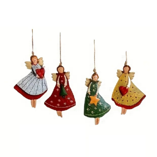 4 bucăți Ornament de Crăciun din lemn în formă de înger 8 cm decorare suspendată 2D pentru brad Îngerași din lemn sculptați manual Decorațiune naturală de Crăciun