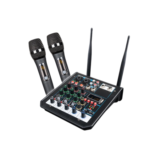 4-Channel Mixing Desk with Bluetooth and Wireless Microphone 48 V Phantom Power LED Display and USB Black for Home Karaoke Studio