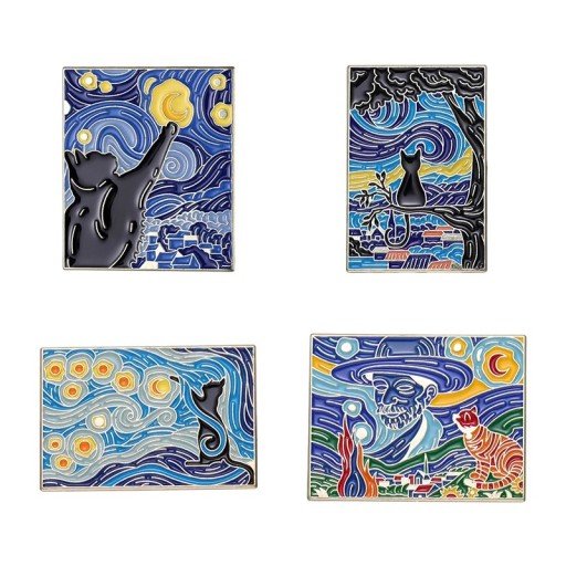 4 db macskás kitűző készlet művészi motívummal kb. 2,5 x 3 cm színes kitűző festmény ihlette ruházatra, hátizsákra, kiegészítőnek