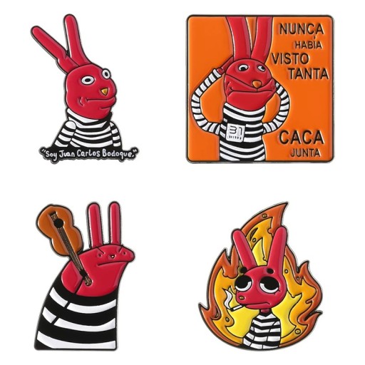 4 db-os emelt szintű mázas kitűző készlet, rajzolt piros nyúl, kb. 3 × 2-től 3 × 3 cm-ig, klipszes kitűzők, kiegészítő hátizsákhoz, ruházathoz, ajándék