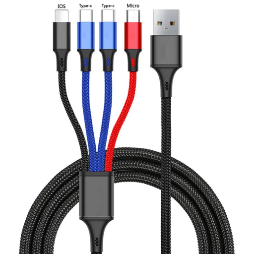 4 in 1 Schnellladekabel 2x USB-C + Micro USB + Lightning 1,2 m 3A USB-A Multicolor Kabel zum Schnellladen von Handys Ladezubehör