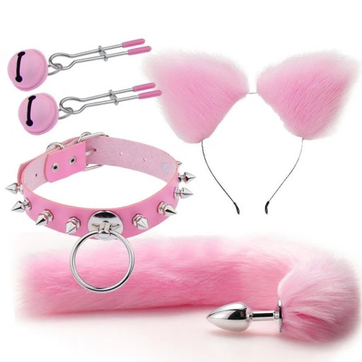 4-in-1-Set: Buttplug aus Metall mit Fuchsschwanz und Stirnband mit Ohren, Stachelhalsband, Nippelclips, diskrete Verpackung