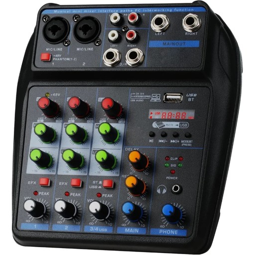 4-Kanal Mischpult tragbar mit Soundkarte und Bluetooth 48 V Phantomspeisung USB und DELAY-Effekt für DJ Karaoke und PC
