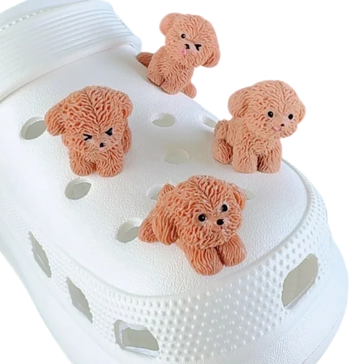 4 ks Dekorace na crocsy 3D pejsci s texturou srsti ABS světle hnědá ozdoby na boty crocs dětské i dospělé obuvi