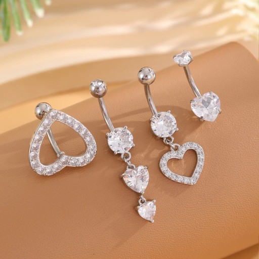 4 ks Piercing z nerezové oceli Stříbrné provedení Srdcové krystaly Elegantní tělové šperky s diamantovým efektem