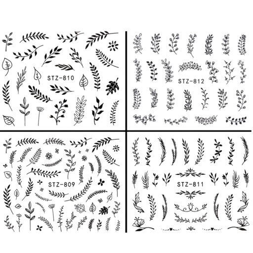 4 ks Samolepky na nehty černé listy a květiny 6,3 x 45,4 cm Vodní obtisky Nail Art slidery Letní dekorace manikúra tetování nehty