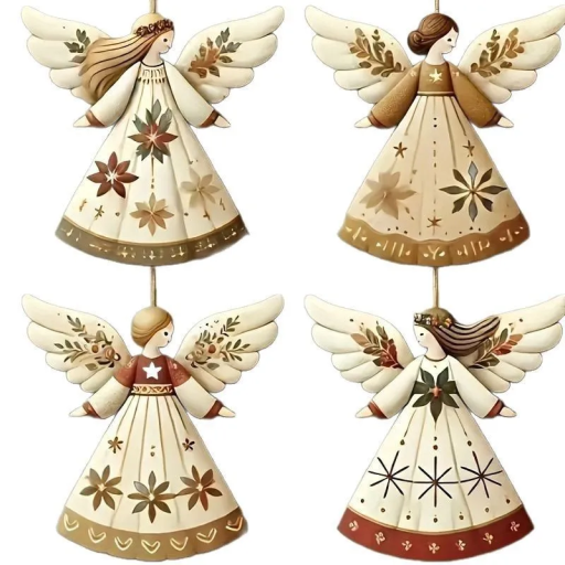 4 pcs Décoration de Noël en bois en forme d'ange 8 cm Naturel décoration suspendue 2D pour sapin Anges en bois sculptés à la main