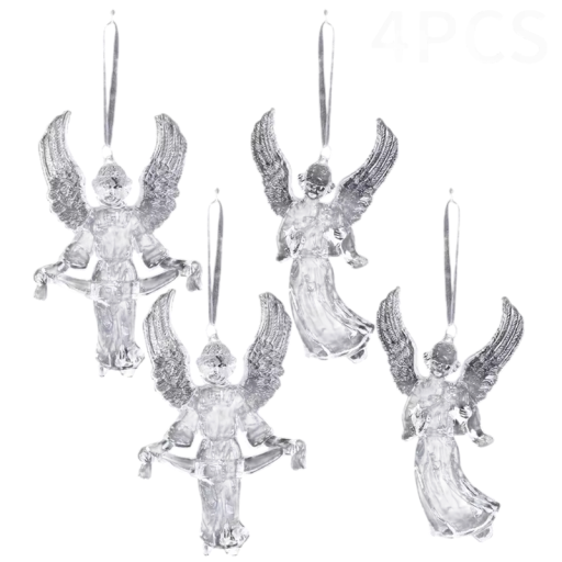 4 pcs Ornamento de Natal em acrílico 9 cm Penduradores em forma de anjos transparentes cristalinos Decoração festiva para árvore