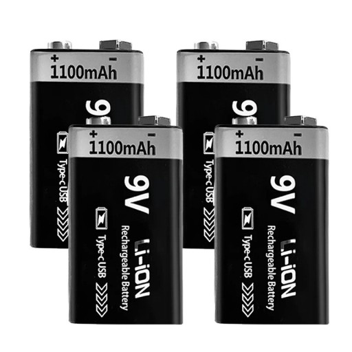 4 pezzi di batterie ricaricabili 9V 1100mAh Li-ion con USB-C 6F22 per giocattoli, modelli RC, strumenti multimetro, rilevatori e elettronica domestica